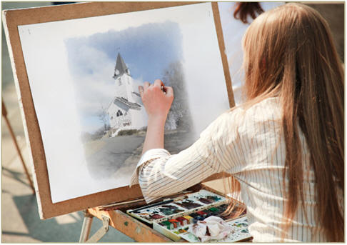 Get creative with watercolors, pastels, markers, pencils or crayons. Relax while you color a free, printable sketch of a pretty country chapel.  Or, use prints of the sketch to follow along with the free painting, drawing and watercolor lessons that you'll find at TodaysArts.net