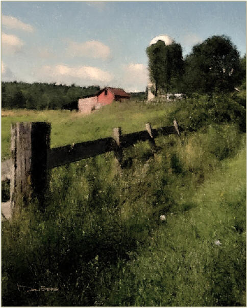 The Fence Row, by Don Berg - Click to find a free, printable sketch of this scene to try with your own acrylics, oil paints, watercolors or pastels.